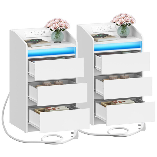 HaluPeit Bedside Tables Set of 2 with 3 Drawers, Bedside Cabinet, Side Table with Charging Station and LED, 2 AC and 2 USB Ports, Nightstand for Bedroom, Living Room, End table, White - image 1