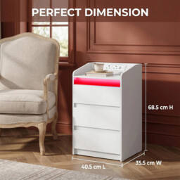 HaluPeit Bedside Tables Set of 2 with 3 Drawers, Bedside Cabinet, Side Table with Charging Station and LED, 2 AC and 2 USB Ports, Nightstand for Bedroom, Living Room, End table, White - thumbnail 5