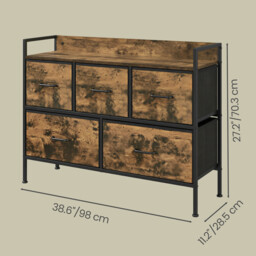Ochama Rustic Brown & Ink Black 5-Drawer Fabric Dresser – Metal Frame, Handles Included – Ideal Bedroom Storage Cabinet for Clothes & Accessories, 98.2x29x70cm - thumbnail 5