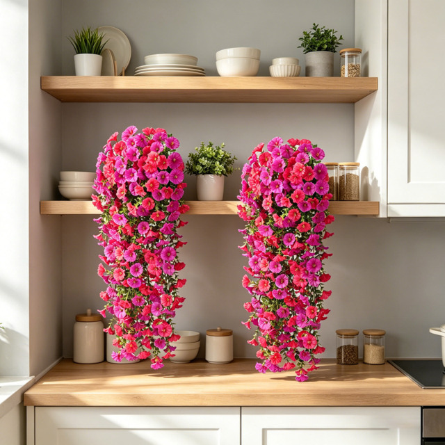 4Pcs 30in Outdoor Artificial Hanging Flowers, Fuchsia&Rose Red Silk Petunia Faux Blooms, Realistic Porch Patio Decoration - image 1