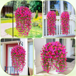 4Pcs 30in Outdoor Artificial Hanging Flowers, Fuchsia&Rose Red Silk Petunia Faux Blooms, Realistic Porch Patio Decoration - thumbnail 5