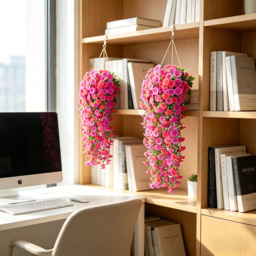 4Pcs 30in Outdoor Artificial Hanging Flowers, Fuchsia&Rose Red Silk Petunia Faux Blooms, Realistic Porch Patio Decoration - thumbnail 7