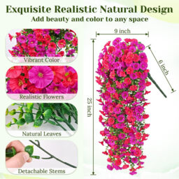 4Pcs 30in Outdoor Artificial Hanging Flowers, Fuchsia&Rose Red Silk Petunia Faux Blooms, Realistic Porch Patio Decoration - thumbnail 2