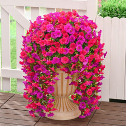 4Pcs 30in Outdoor Artificial Hanging Flowers, Fuchsia&Rose Red Silk Petunia Faux Blooms, Realistic Porch Patio Decoration - thumbnail 6