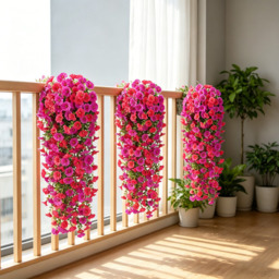 4Pcs 30in Outdoor Artificial Hanging Flowers, Fuchsia&Rose Red Silk Petunia Faux Blooms, Realistic Porch Patio Decoration - thumbnail 3