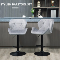 HOMCOM Bar Stools Adjustable Quilted Geo Velvet Grey/Black 2pcs - thumbnail 3