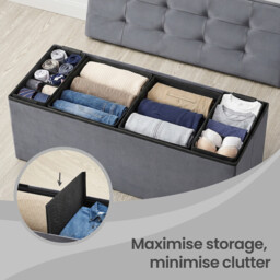 Ochama Storage Ottoman, Foldable Velvet Storage Bench, 2 Extra Storage Boxes, 38 x 110 x 38 cm, for Hallway, Living Room, Bedroom, Dark Grey - thumbnail 3
