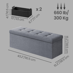 Ochama Storage Ottoman, Foldable Velvet Storage Bench, 2 Extra Storage Boxes, 38 x 110 x 38 cm, for Hallway, Living Room, Bedroom, Dark Grey - thumbnail 5