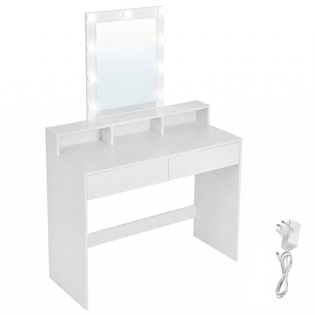Ochama Dressing Table, LED Lights with Adjustable Brightness, Vanity Table with Mirror, 2 Drawers and 3 Compartments, Makeup Table, Modern, White - image 1