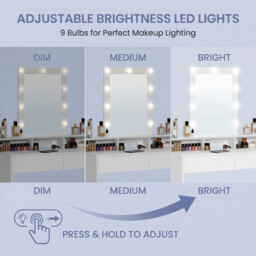 Ochama   Dressing Table, LED Lights with Adjustable Brightness, Vanity Table with Mirror, 2 Drawers and 3 Compartments, Makeup Table, Modern, White - thumbnail 3