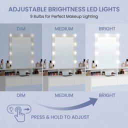 Ochama   Dressing Table, LED Lights with Adjustable Brightness, Vanity Table with Mirror, 2 Drawers and 3 Compartments, Makeup Table, Modern, White - thumbnail 2