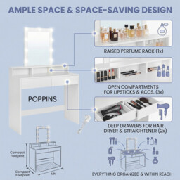 Ochama   Dressing Table, LED Lights with Adjustable Brightness, Vanity Table with Mirror, 2 Drawers and 3 Compartments, Makeup Table, Modern, White - thumbnail 6
