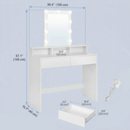 Ochama   Dressing Table, LED Lights with Adjustable Brightness, Vanity Table with Mirror, 2 Drawers and 3 Compartments, Makeup Table, Modern, White - thumbnail 7