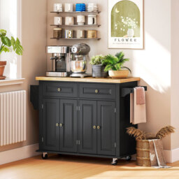 Homcom Kitchen Island Counter Panelled 2 Drawers 4 Doors Black/Natural - thumbnail 4