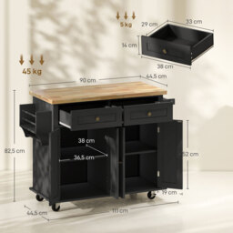 Homcom Kitchen Island Counter Panelled 2 Drawers 4 Doors Black/Natural - thumbnail 2