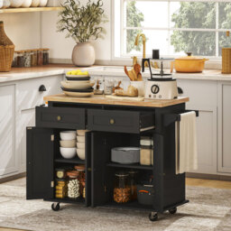 Homcom Kitchen Island Counter Panelled 2 Drawers 4 Doors Black/Natural - thumbnail 3