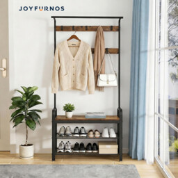 Ochama Coat Rack, Hall Tree with Shoe Bench, Entryway Bench with Coat Rack, 9 Removable Hooks, a Hanging Rod, Brown and Black - thumbnail 7