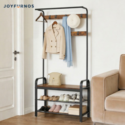 JOYFURNOS Coat Rack, Hall Tree with Shoe Bench, Entryway Bench with Coat Rack, 9 Removable Hooks, a Hanging Rod, Brown and Black - thumbnail 2