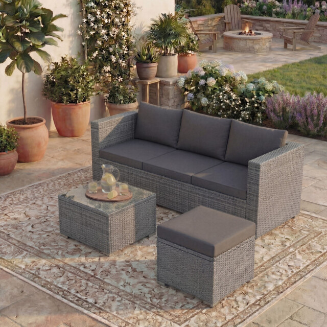 "Garden Vida Hampton 4 Seater Corner Rattan Set, Grey " - image 1