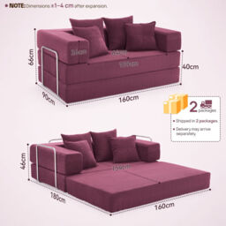 YINIX Compressed Convertible Sleeper Sofa, 62/78-inch Folding Floor Couch, 4-in-1 Memory Foam Futon with Back Support Pillows and Track Arms, Living Room Use Wine Red 160cm - thumbnail 6