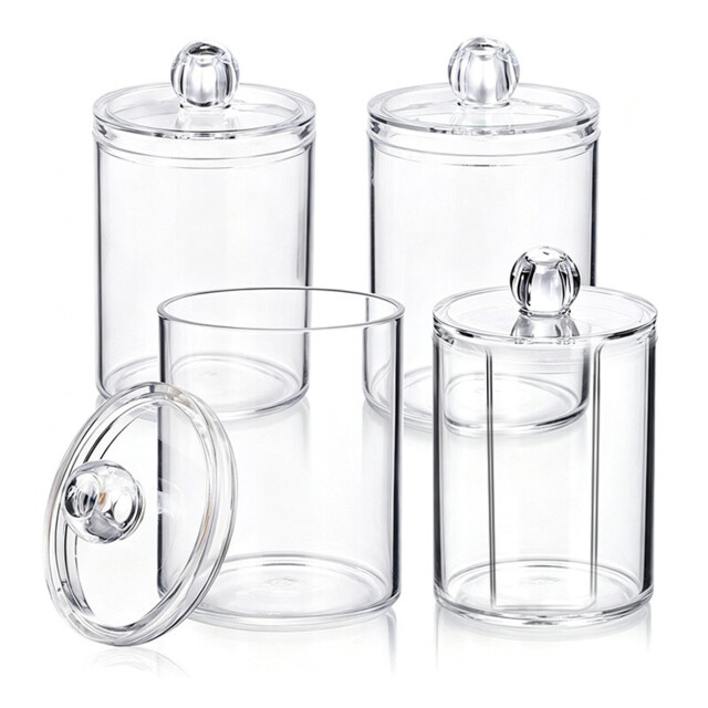JORDAN&JUDY Transparent Acrylic Plastic Cotton Swab Box, Desktop Storage Box for Cotton Pads and Dental Floss (Round*3+with side opening*1) - image 1