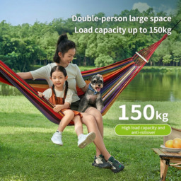 ochama x J.ZAO Double Rainbow Camping Hammock, 200×150cm, Load Capacity 150kg, Wooden Spreader Bars, Metal Buckles, Breathable Canvas Fabric, with 1 Storage Bag & 2 Straps - thumbnail 3
