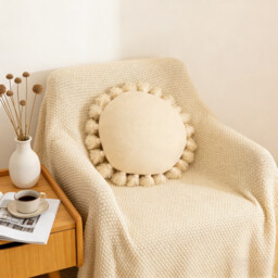 MEROPE, Acrylic Fringed Round Cushion, 45x45cm, ivory, 1pack - thumbnail 3