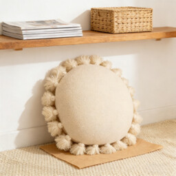 MEROPE, Acrylic Fringed Round Cushion, 45x45cm, ivory, 1pack - thumbnail 1