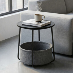 Ochama Side Table, Round End Table with Fabric Basket, for Living Room Bedroom, Bedside Table, Modern Style, Black - thumbnail 5
