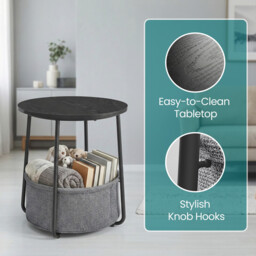 Ochama Side Table, Round End Table with Fabric Basket, for Living Room Bedroom, Bedside Table, Modern Style, Black - thumbnail 7