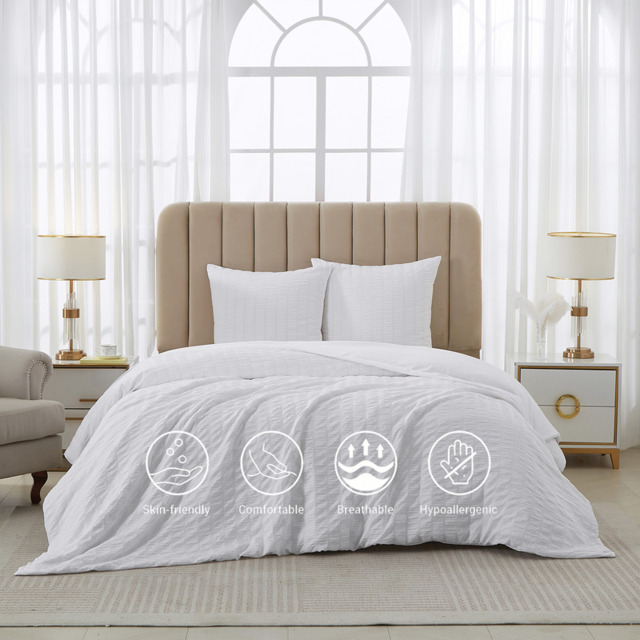 Meeallhome  Seersucker Duvet Cover Set 260*220cm/60*80cm*2  White - image 1