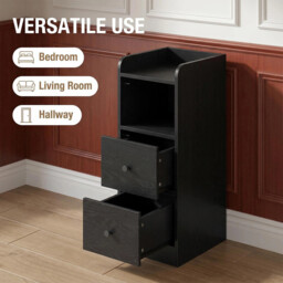 HaluPeit Slim Bedside Tables Set of 2, Narrow Side Table with 2 Drawers, Bedside Cabinet with Open Compartment, Adjustable Drawer Position for Bedroom, Living Room, 30 x 24 x 65 cm Black - thumbnail 3