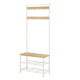 " Ochama Coat Rack, Hall Tree with Shoe Storage Bench, 32 x 70 x 177 cm, Industrial, Natural and White" - thumbnail 1