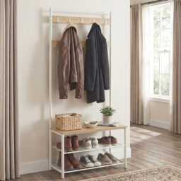 " Ochama Coat Rack, Hall Tree with Shoe Storage Bench, 32 x 70 x 177 cm, Industrial, Natural and White" - thumbnail 4