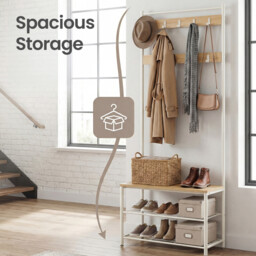 " Ochama Coat Rack, Hall Tree with Shoe Storage Bench, 32 x 70 x 177 cm, Industrial, Natural and White" - thumbnail 2
