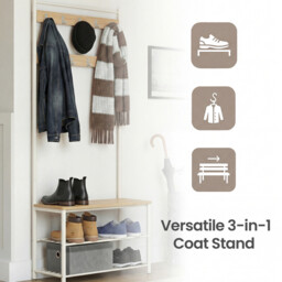 " Ochama Coat Rack, Hall Tree with Shoe Storage Bench, 32 x 70 x 177 cm, Industrial, Natural and White" - thumbnail 6