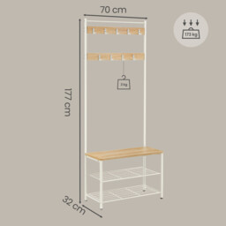 " Ochama Coat Rack, Hall Tree with Shoe Storage Bench, 32 x 70 x 177 cm, Industrial, Natural and White" - thumbnail 7