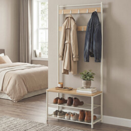 " Ochama Coat Rack, Hall Tree with Shoe Storage Bench, 32 x 70 x 177 cm, Industrial, Natural and White" - thumbnail 3