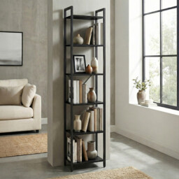 " Ochama 6-Tier Tall Bookshelf, Narrow Bookcase with Steel Frame, Skinny Book Shelf for Living Room, Study, Black" - thumbnail 7