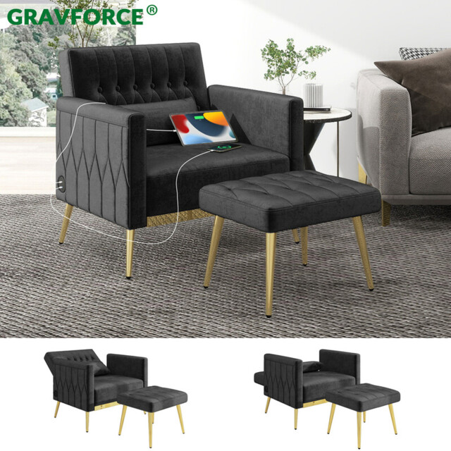 GRAVFORCE Velvet Modern Accent Chair and Ottoman Set with 2 USB Ports, Pink Comfy Reading Chair Bedroom Living Room Chairs, Recliner Lounge Chair, Adjustable Backrest and Pillow, Pink (Pink) - image 1