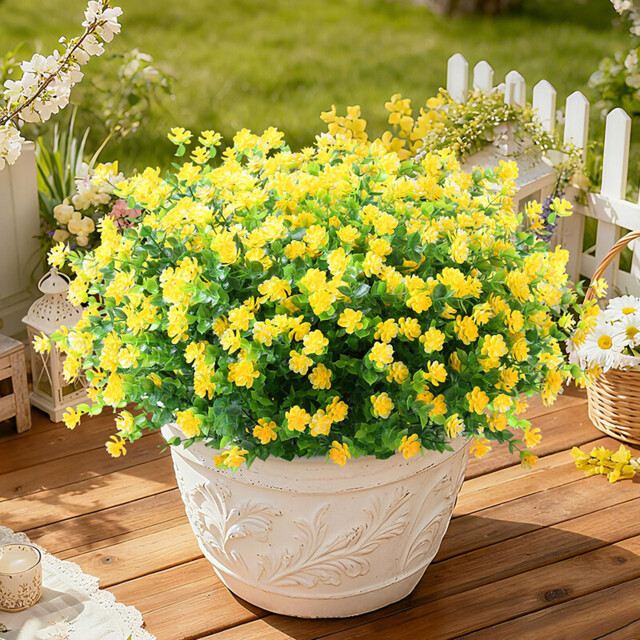 8Pcs 13.8in/35cm Artificial Fake Flowers No Fade Boxwood Faux Plastic Plants for Garden Patio Porch Window Box Home Wedding Farmhouse Décor(yellow) - image 1