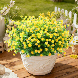 8Pcs 13.8in/35cm Artificial Fake Flowers No Fade Boxwood Faux Plastic Plants for Garden Patio Porch Window Box Home Wedding Farmhouse Décor (Yellow)