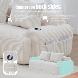 Beige Corduroy 2-Seater Loveseat with Cupholders and Cushions - thumbnail 4