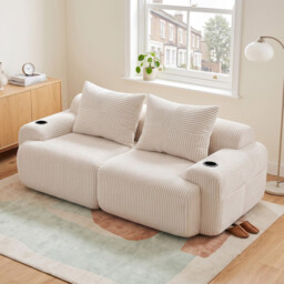 Beige Corduroy 2-Seater Loveseat with Cupholders and Cushions - thumbnail 2