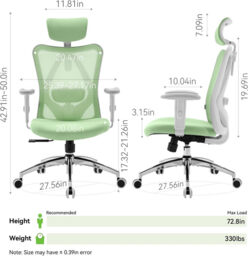 Sihoo M18 Ergonomic Office Chair, Computer Desk Chair with Adjustable Headrest and Lumbar Support, High Back Executive Swivel Chair for Home Office (Morandi Green) - thumbnail 2