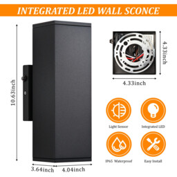 Außenwandleuchte mit Bewegungsmelder, 2700K Warmlicht LED mit Auf- und Abstrahlung, 27cm Moderne Quadratische Mattschwarze Wandleuchte, Wasserdichte Außenlampe für Veranda/Terrasse/Garage, ETL-zertifiziert - thumbnail 7