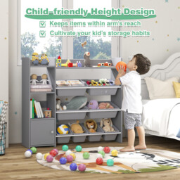 Kids Bookshelf Toy Storage Organizer with Storage Boxes and Open Shelves-Grey - thumbnail 4