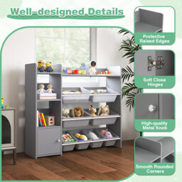 Kids Bookshelf Toy Storage Organizer with Storage Boxes and Open Shelves-Grey - thumbnail 3