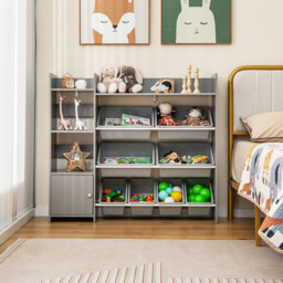 Kids Bookshelf Toy Storage Organizer with Storage Boxes and Open Shelves-Grey - thumbnail 5