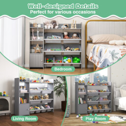Kids Bookshelf Toy Storage Organizer with Storage Boxes and Open Shelves-Grey - thumbnail 7